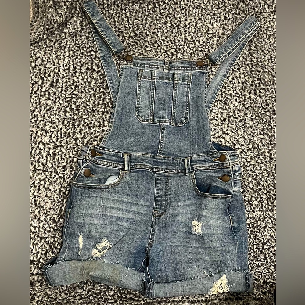 Blue Distressed Jean Short Overalls Women's Small